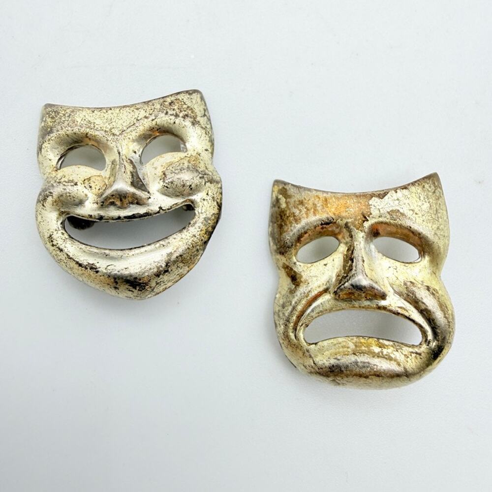 Vintage Sterling Silver Comedy Tragedy Theater Mask Brooch Pin Set of 2 Drama